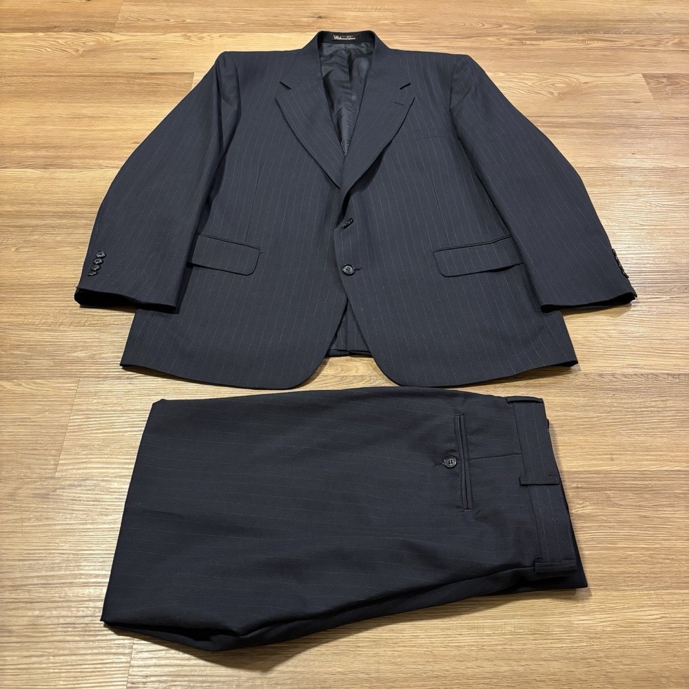 VTG Stafford Pinstripe 2pc Suit Mens 46R 35W Wool Flat Front Navy Made In USA